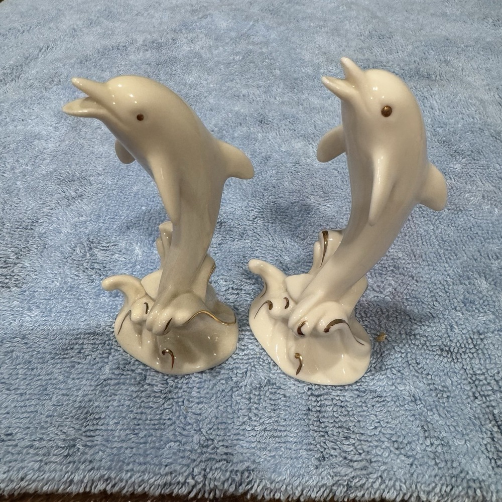 Pair Of Lenox Leaping Dolphin Figurine Ivory Porcelain 24K Gold Accents 4" EUC‎